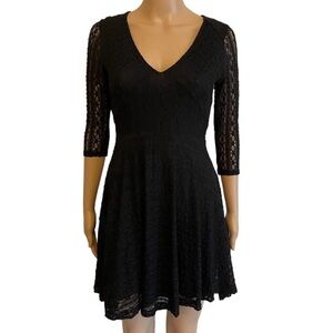 LUSH Solid Black V-Neck Witchy Lace 3/4 Sleeve Mini Short Cocktail Dress
